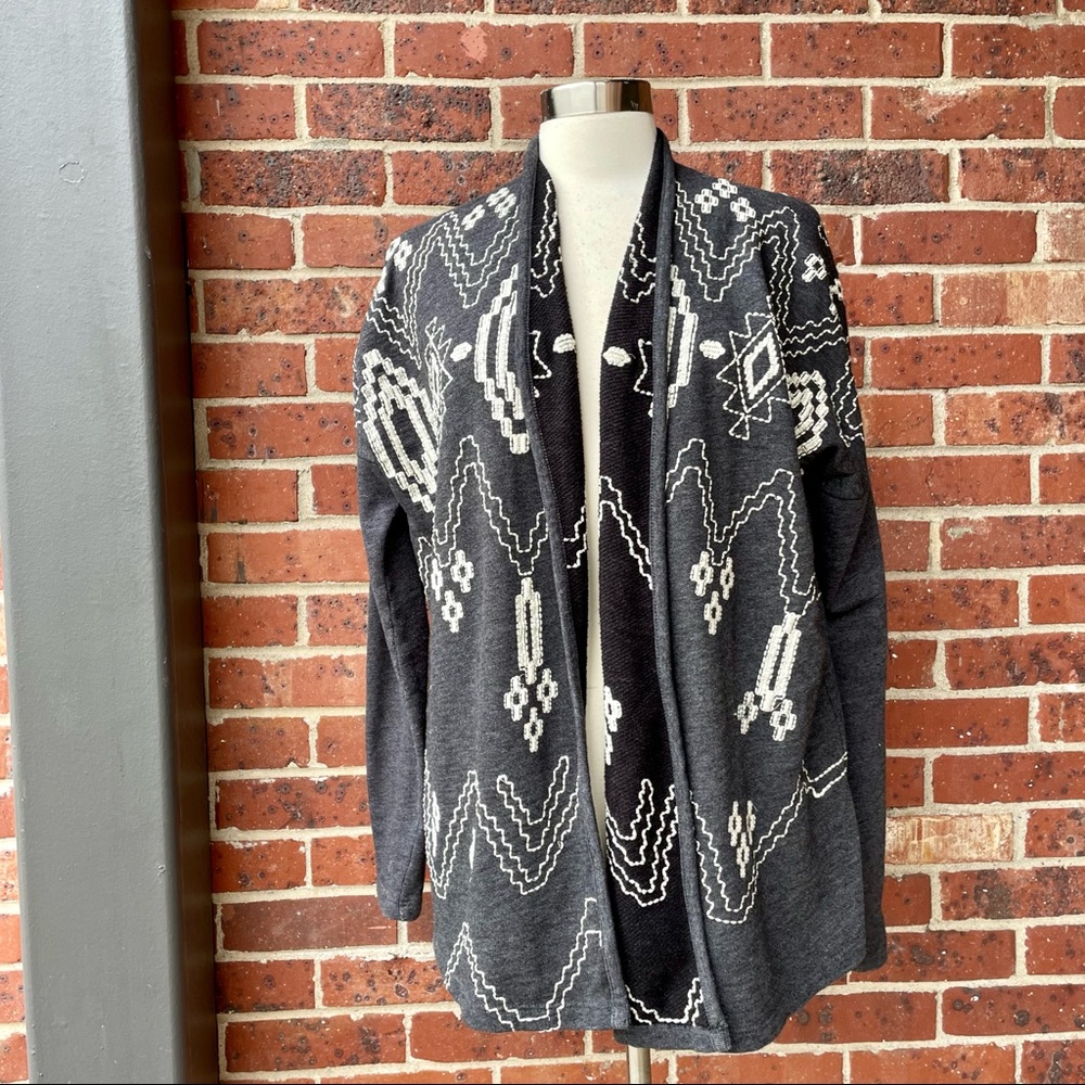 Lucky Brand Charcoal Gray Waterfall Open Front Southwestern Cardigan Sweater Top
